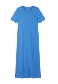 Blaues, kurzärmliges Maxikleid aus weichem Stoff mit Rundhalsausschnitt. Das Design ist schlicht und zeichnet sich durch eine lockere Passform aus.