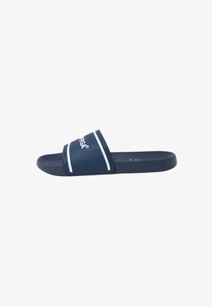 Sandalo navy in gomma con una fascia larga caratterizzata da strisce bianche e logo. Suola piatta con una texture liscia, progettata per il comfort.