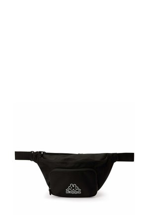 Marsupio in tessuto nero con un compartimento principale e tasca frontale con zip. Presenta una tracolla regolabile e un logo bianco sul davanti.