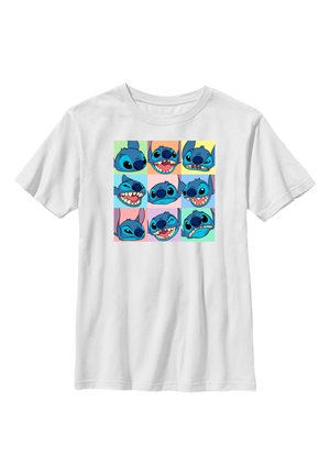 Hvid T-shirt med et gitter af ni farverige firkanter med forskellige udtryksfulde ansigter på en blå animeret karakter.