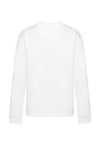 Hvid langærmet t-shirt lavet af blødt bomuld. Har rund hals og tætsiddende ærmer, uden synlige logoer eller mønstre på ryggen.