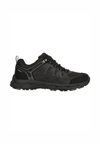 Svarta vattentäta sneakers med strukturerad syntetisk ovandel, snörningssystem och slitstark gummisula, med vinkelaktiga designaccenter.