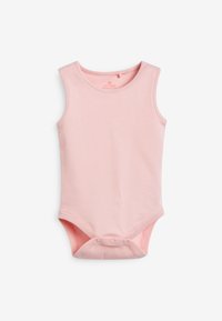Világos rózsaszín pamut baba bodysuit ujjatlan kivitelben, kerek nyakkivágással és alsó patentos záródással a könnyű öltözködés érdekében.