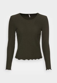Dunkelgrünes, geripptes Langarmoberteil mit rundem Ausschnitt und gewelltem Saum. Hergestellt aus dehnbarem Stoff für Komfort und eine figurbetonte Passform.