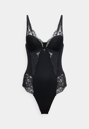 Body noir avec détails en dentelle, doté de bonnets avec armatures, de bords festonnés, de bretelles réglables et d'une silhouette ajustée.