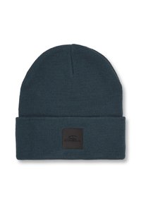 Strikket hue i mørk teal, med ribbet tekstur og opfoldet kant, samt et firkantet sort mærke med brandlogoet.