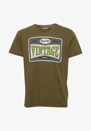 Olive green cotton t-shirt with a crew neck. Features a large printed "VINTAGE" graphic with white and green accents, and distressed detailing.