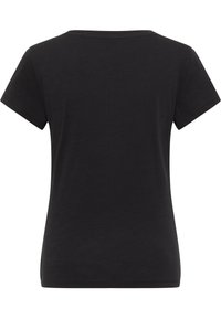 T-shirt noir à manches courtes avec un col rond, fabriqué dans un tissu doux et lisse. Présente un design uni sans motifs ni accents visibles.