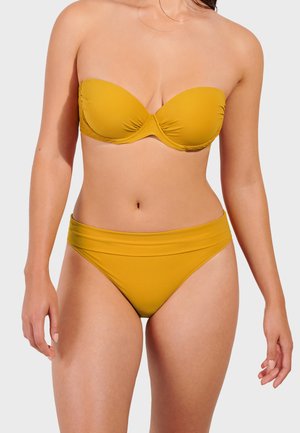 Yellow bikini set featuring a bandeau top with molded cups and high-waisted bottoms, both in smooth, stretchy fabric with a matte finish.