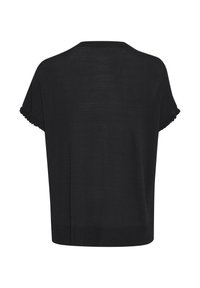Haut noir à manches courtes avec une coupe ample, présentant des bords froncés aux manches, une texture douce et un ourlet droit avec des coutures minimales.