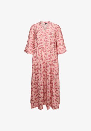 Rosa blomstrete midikjole med V-hals, trekvartlange ermer med volanger og kjedeformet skjørt, vist på hvit bakgrunn.
