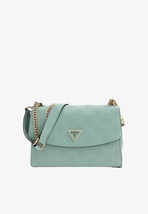 Sac à bandoulière vert menthe en matériau synthétique texturé, doté d'un rabat pliant, de ferrures dorées et d'une chaîne avec des accents en cuir.