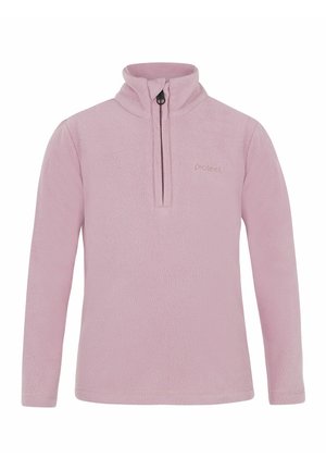 Pullover in pile rosa chiaro con colletto alto, apertura a metà zip, maniche lunghe e un discreto logo del marchio sul lato sinistro del petto.