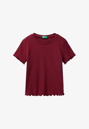 Burgundské žebrované tričko s krátkým rukávem, kulatým výstřihem a vlněným lemem. Vyrobeno z měkké látky s texturovaným povrchem. Zelená nálepka uvnitř.
