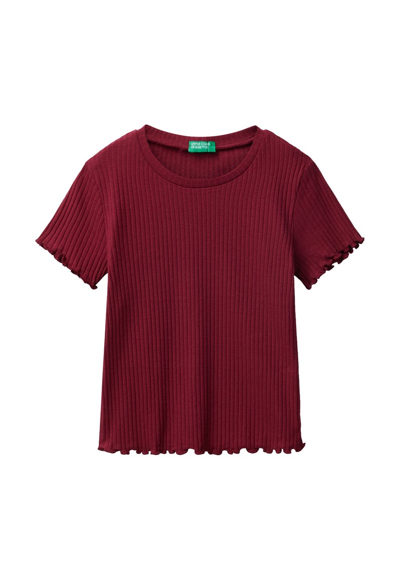 Burgundské žebrované tričko s krátkým rukávem, kulatým výstřihem a vlněným lemem. Vyrobeno z měkké látky s texturovaným povrchem. Zelená nálepka uvnitř.