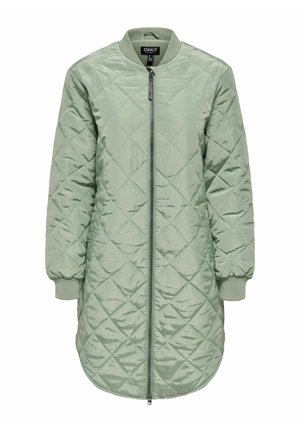 Quilted mintgrøn lang frakke med lynlås foran, ribbede manchetter og afrundet kant, lavet af skinnende, glat stof.