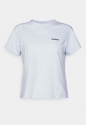 Light blue cotton t-shirt with short sleeves, crew neckline, and a small black logo reading "patagonia" on the left chest.