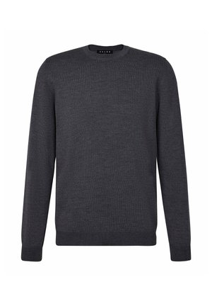Pull en maille gris foncé, col rond, manches longues, poignets et ourlet côtelés, texture lisse, design minimaliste, sans motifs ni accents visibles.