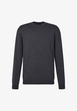 Pull en maille gris foncé, col rond, manches longues, poignets et ourlet côtelés, texture lisse, design minimaliste, sans motifs ni accents visibles.