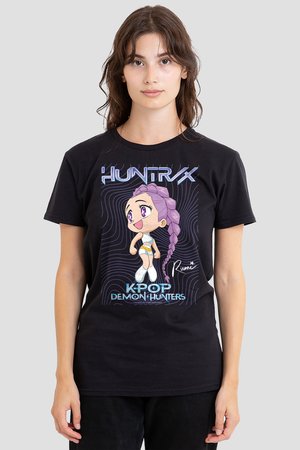 Young woman wearing black T-shirt with purple-haired anime character and text "HUNTR/K" and "KPOP DEMON HUNTERS" on front.