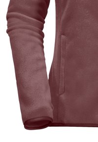 Giacca in pile color bordeaux con una texture morbida, caratterizzata da un design delle maniche senza cuciture e una tasca laterale per la comodità.