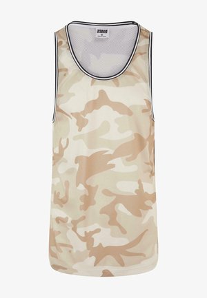 Beige and white camo mesh tank top with black trim, featuring a rounded neckline and a loose fit design.