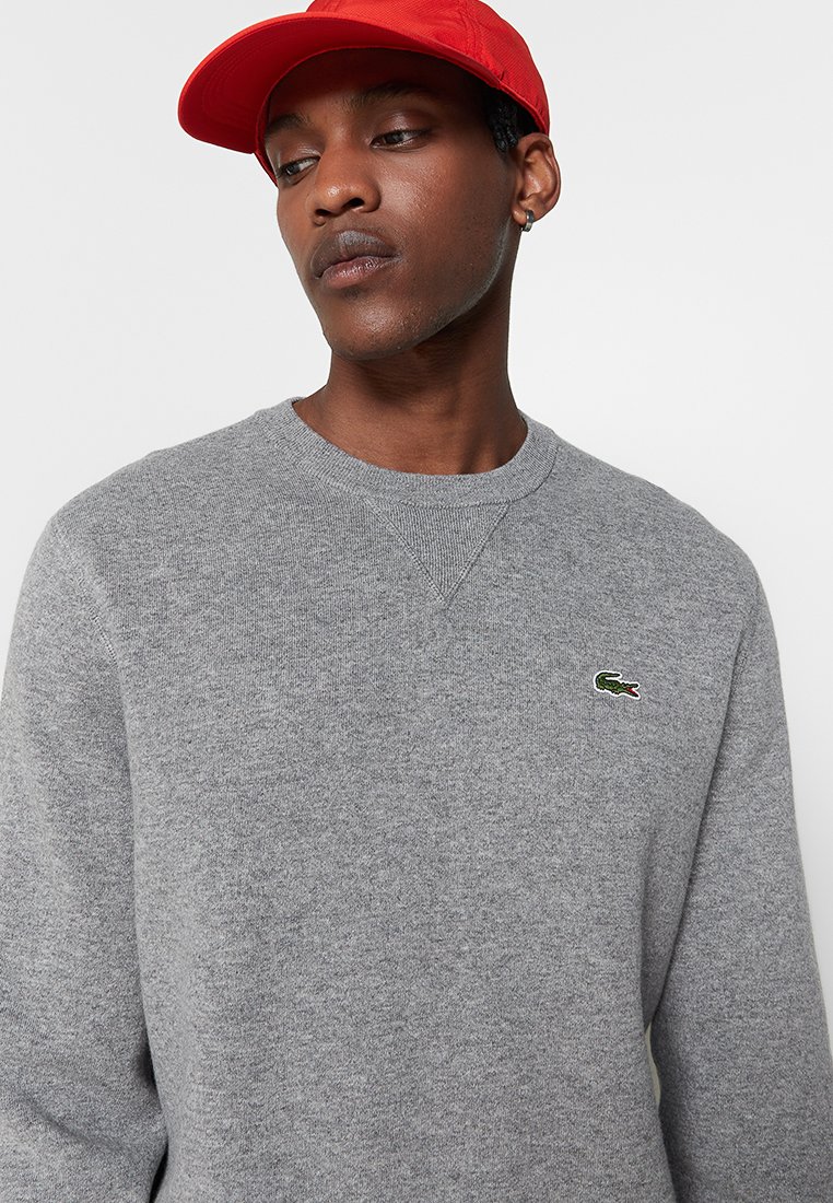 Felpa grigia a girocollo con colletto e polsini a costine, caratterizzata da un piccolo logo di coccodrillo verde sul petto. Texture morbida, design casual.