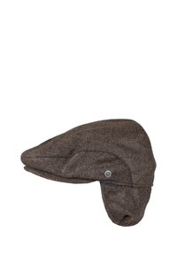 Bruine wollen muts met een ronde piek en een zachte, gestructureerde stof. Heeft een kleine knoopaccent aan de zijkant.