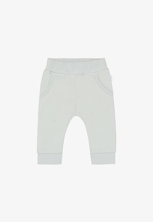 Lysegrønne bomuldsbukser til børn med ribbet talje, to forlommer og opsmøgede kanter. Glat tekstur, afslappet design.