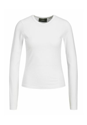 T-shirt blanc ajusté à manches longues et col rond avec une étiquette noire à l'intérieur du col affichant le nom de la marque JJXX.