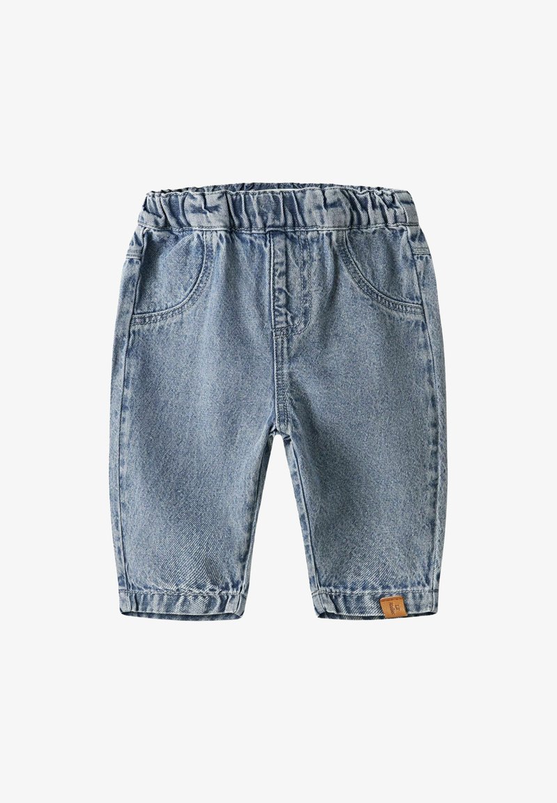 Lyseblå denim bukser med elastisk midjebånd, to frontlommer og en liten tan logo-lapp bak. Klassisk innsnevret design.