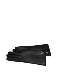 Gants en cuir noir avec une texture lisse, conçus avec cinq doigts, ornés de boutons dorés au niveau du poignet.