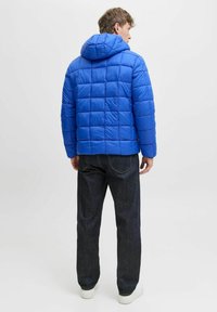 Ein Mann von hinten, der eine blaue gesteppte Kapuzenjacke, dunkle Jeans und weiße Turnschuhe trägt, vor einem schlichten hellen Hintergrund.