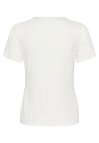 Witte t-shirt met korte mouwen, met een gladde textuur en bloemenkantdetails bij de halslijn en de schoudernaden. Achteraanzicht weergegeven.