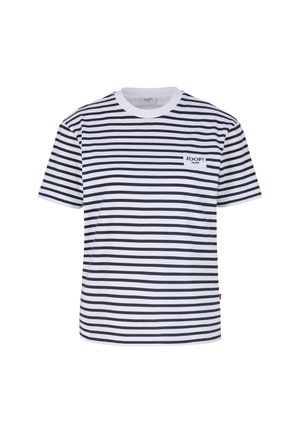 Korte mouwen T-shirt met marineblauwe en witte horizontale strepen. Heeft een ronde halslijn en een klein logo-opdruk op de borst. Zachte stoffen textuur.