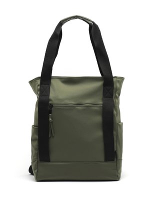 Green, waterproof tote bag with black straps. Features a front zip pocket and side pockets. Rectangular shape and smooth texture.