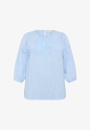 Světle modrá blůza s kulatým výstřihem, nabíranými rukávy a strukturovaným vzorem. Obsahuje klíčovou dírku na zadní straně a jemné puntíky.