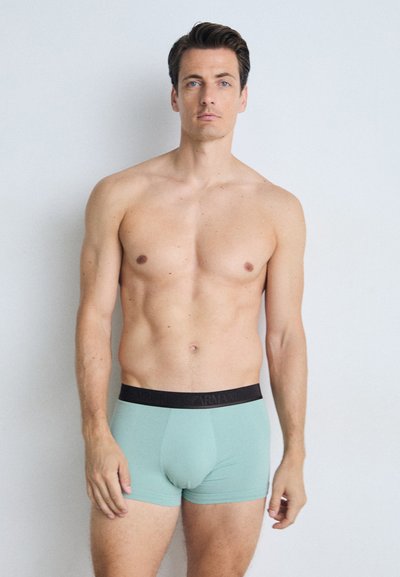 Menns lys grønne boxertruser med sort livrem som har en logo. Glatt tekstur, tettsittende design og midt på låret lengde.