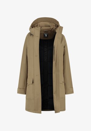 Beige hooded winter parka with black quilted inner lining, front button and zipper closure, and flap pockets at hip level.
