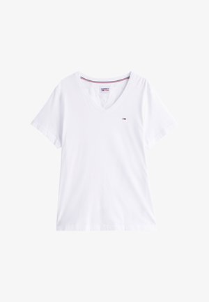 White cotton t-shirt with a V-neckline, short sleeves, and a small logo on the left chest. Soft texture and casual design.