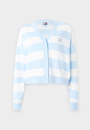 Korta koftor med horisontella blå och vita ränder, tillverkad av stickat tyg med V-hals, fem knappar och broderad logotypdetalj.