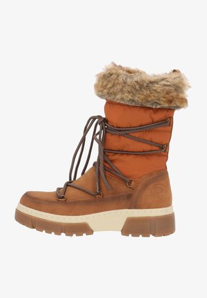 Bruine winterlaars met een met bont afgewerkte kraag, bovenwerk van gestructureerd leer en stof, ronde neus en vetersluiting. Robuuste rubberen zool met grip.