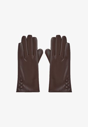 Un paio di guanti in pelle marrone scuro con tre bottoni decorativi vicino ai polsi, mostrati con il palmo rivolto verso il basso su uno sfondo bianco.