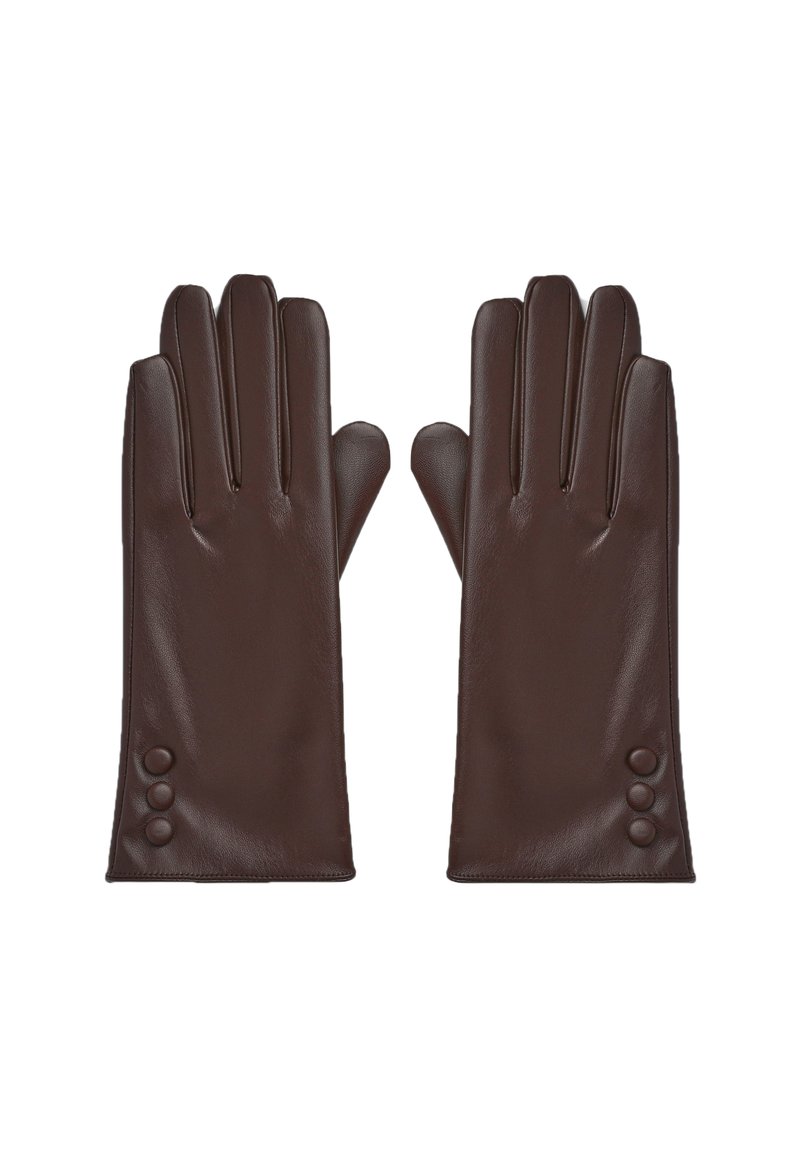 Para ciemno-brązowych skórzanych rękawiczek z trzema ozdobnymi guzikami przy nadgarstkach, pokazanych na białym tle, dłońmi w dół.