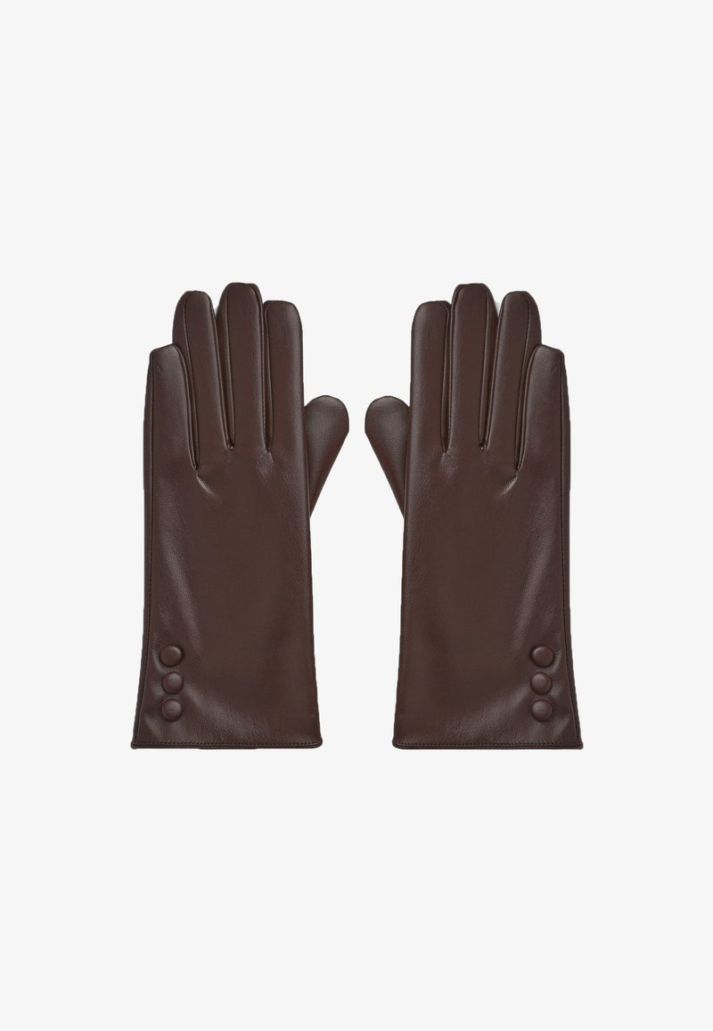 Para ciemno-brązowych skórzanych rękawiczek z trzema ozdobnymi guzikami przy nadgarstkach, pokazanych na białym tle, dłońmi w dół.