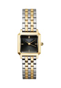 Orologio quadrato con quadrante nero, dettagli dorati e bracciale metallico bicolore in argento e oro. Presenta indicatori e lancette dell'ora minimalisti.