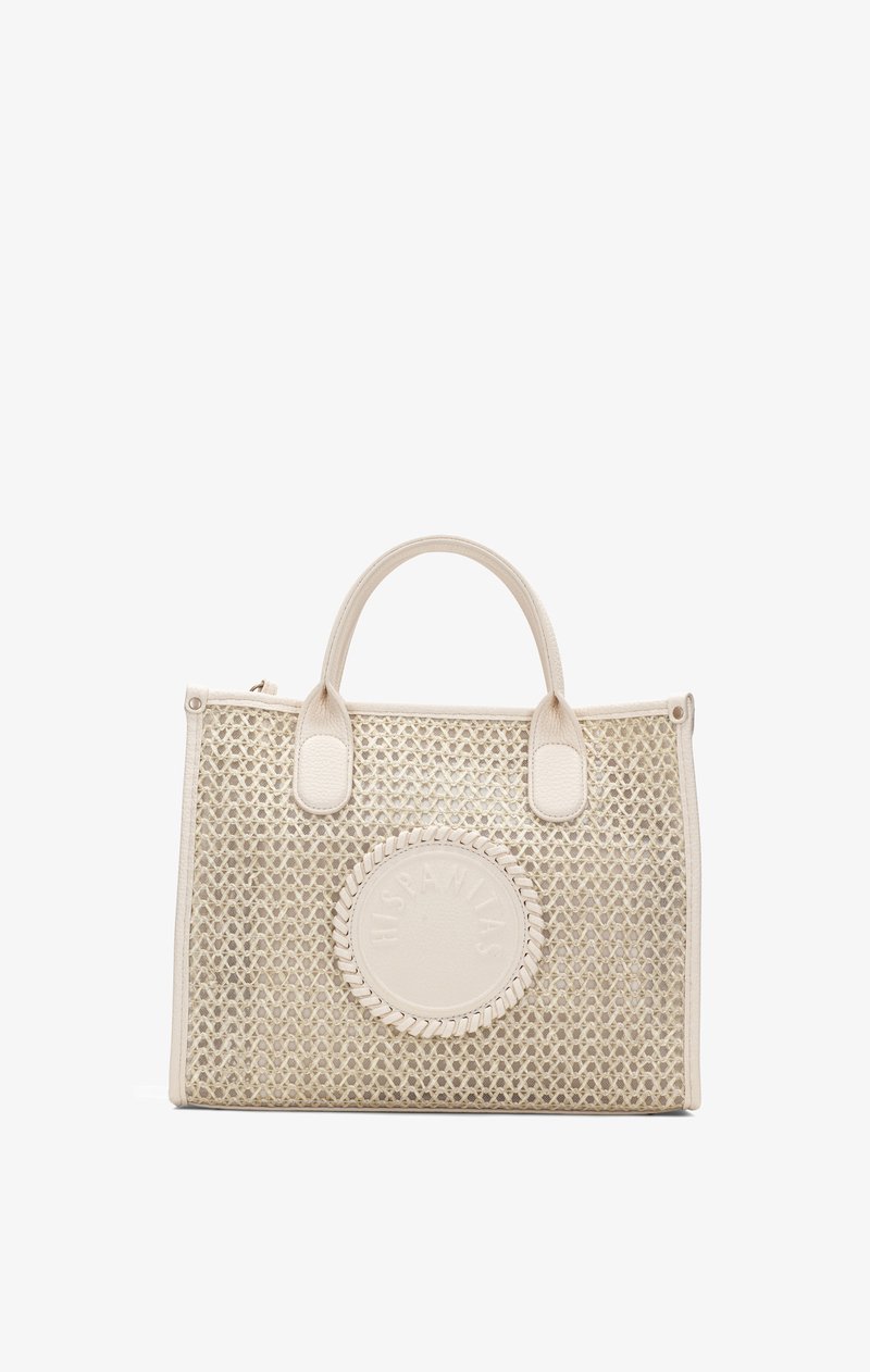 Sac fourre-tout tissé beige avec deux poignées et un patch circulaire à l'avant embossé du logo "HISPANITAS".