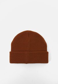 Um gorro de malha na cor rust, com a barra dobrada, apresentando uma textura suave e um design sem costuras para aquecer e proporcionar conforto.
