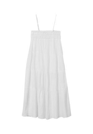 Abito bianco a strati realizzato in tessuto leggero, caratterizzato da spalline e un corpetto arricciato. L'orlo ha una consistenza morbida e fluente.