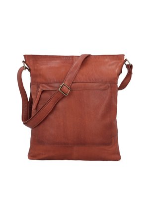 Bruine leren schoudertas met een platte rechthoekige vorm, verstelbare schouderriem, voorvak en subtiele textuur.